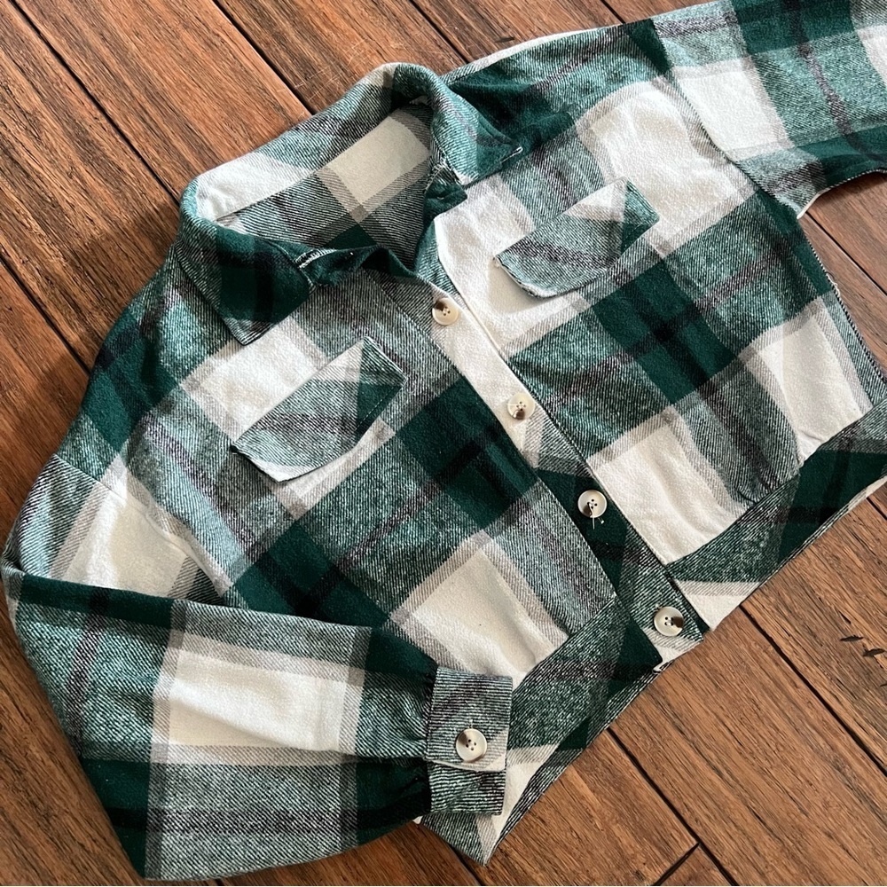 Green White Plaid Flannel Shirt Jacket Shacket Cropped Top Small Grunge Y2K